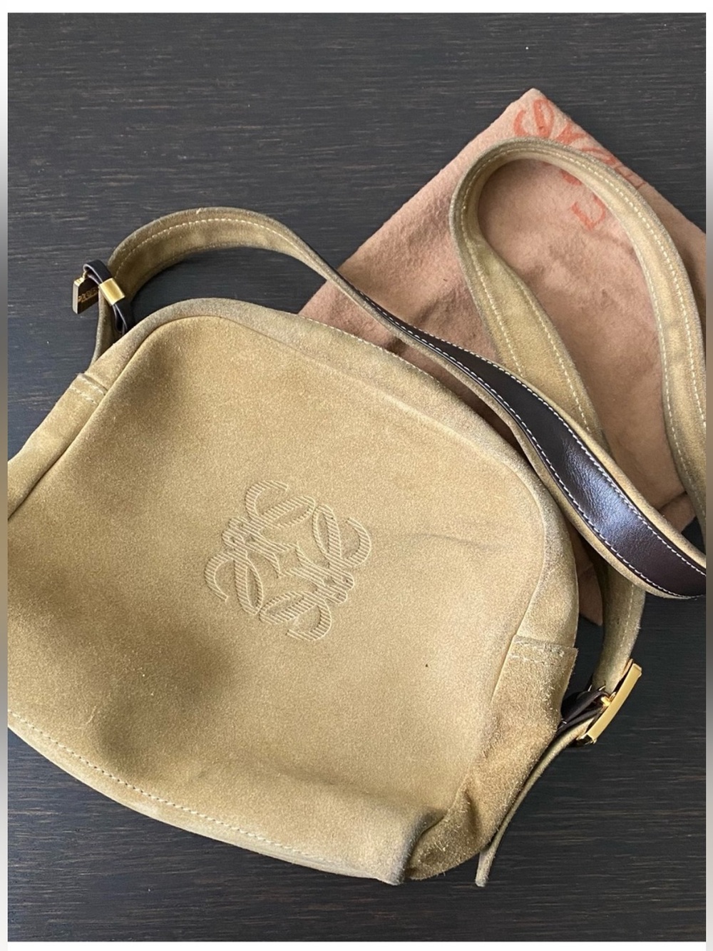 Lovely Used Loewe suede shoulder Bag in Tan with brown trim.